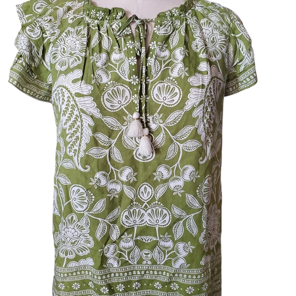 Rose + Olive Green Floral Blouse with Tassels